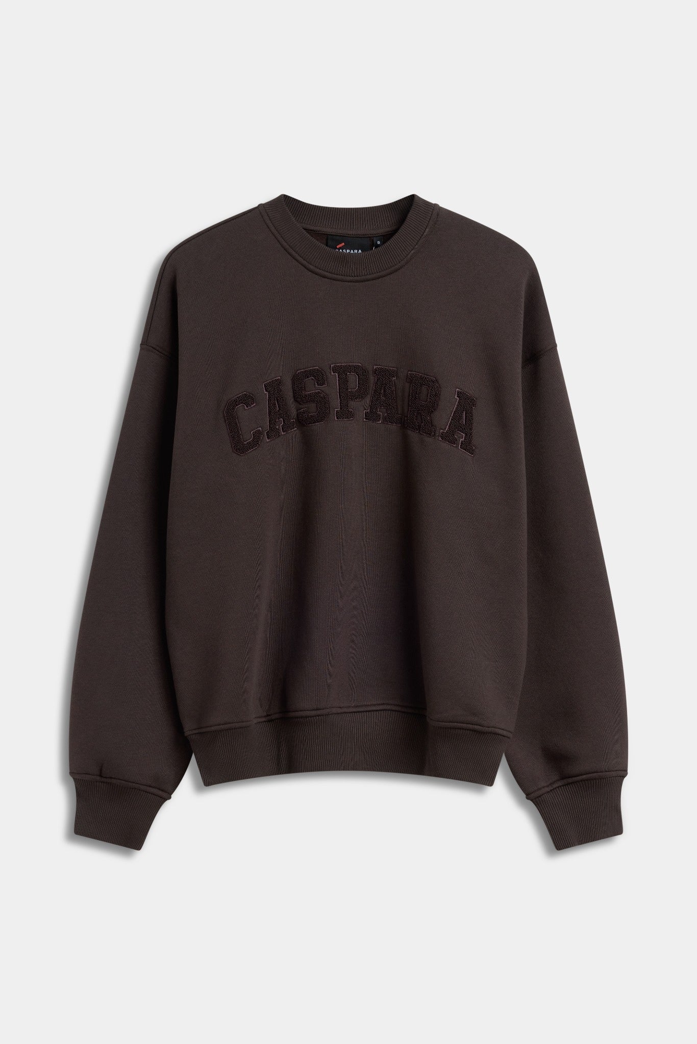 Espresso brown CASPARA logo crewneck sweatshirt against a light grey background.